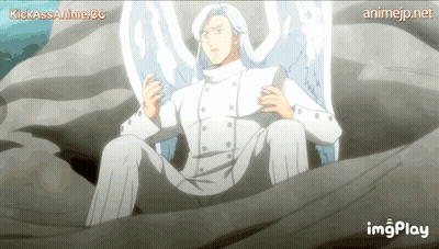A Man In A White Suit Is Sitting On A Rock With The Words Kickassanime.cc At The Top GIF