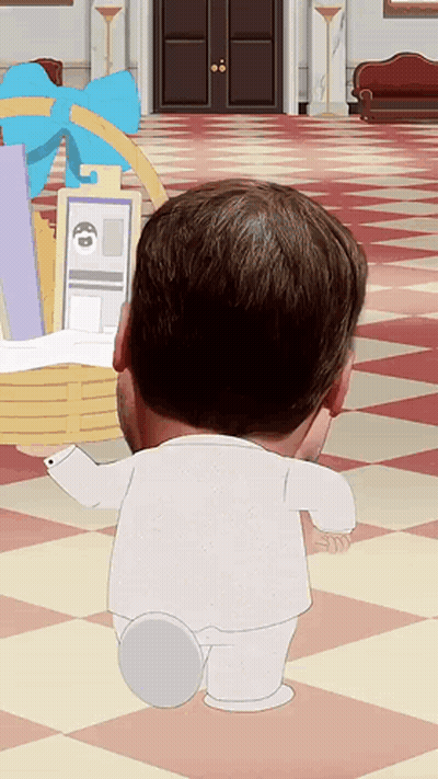 A Man In A White Suit Is Standing In Front Of A Basket With A Blue Bow On It GIF