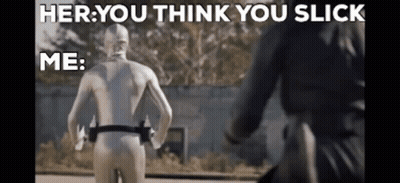 A Man In A White Suit Is Standing In Front Of A Woman On A Motorcycle And Says " Her You Think You Slick Me " GIF