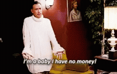 A Man In A White Sweater Says I 'M A Baby I Have No Money . GIF