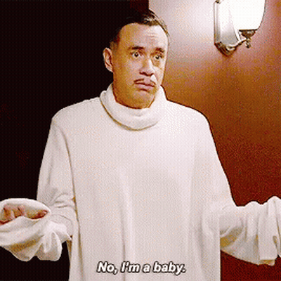 A Man In A White Sweater Says No , I 'M A Baby GIF