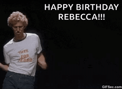 A Man In A White T-Shirt Is Dancing In Front Of A Black Background And Says `` Happy Birthday Rebecca '' . GIF