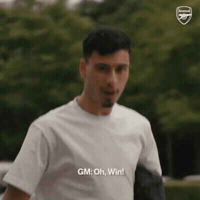 A Man In A White T-Shirt Says Gm : Oh , Win ! GIF