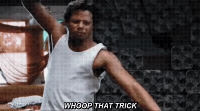 A Man In A White Tank Top Is Standing In A Room With His Arms Outstretched And Saying `` Whoop That Trick '' . GIF