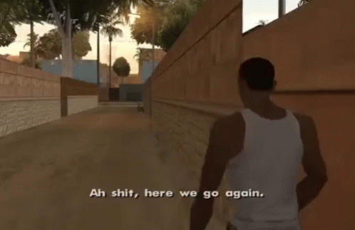 A Man In A White Tank Top Is Walking Down A Street And Says Ah Shit Here We Go Again GIF