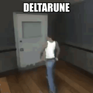 A Man In A White Tank Top Is Walking In A Dark Room With The Words Deltarune Above Him . GIF