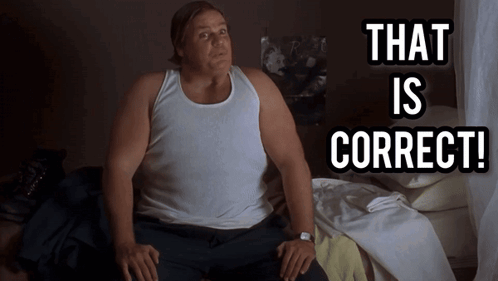 A Man In A White Tank Top Sits On A Bed With The Words " That Is Correct " Above Him GIF