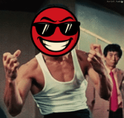 A Man In A White Tank Top With A Red Smiley Face On His Face GIF