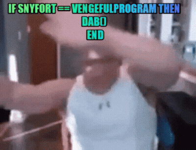 A Man In A White Under Armour Shirt Is Dancing With The Words If Snyfort Vengeful Program Then Dabo End GIF