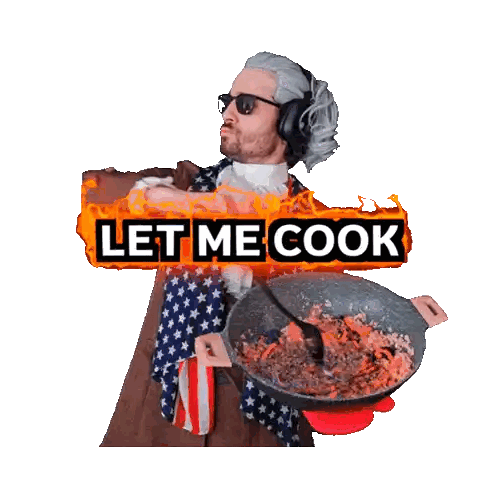 A Man In A Wig And Headphones Is Holding A Pan Of Food And Says Let Me Cook Sticker