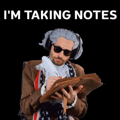 A Man In A Wig And Sunglasses Is Holding A Book With The Words " I 'M Taking Notes " Below Him GIF