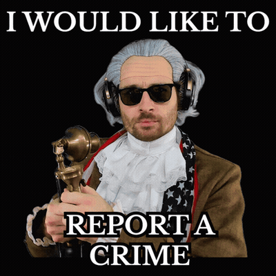 A Man In A Wig And Sunglasses Is Holding A Microphone And Says " I Would Like To Report A Crime " GIF