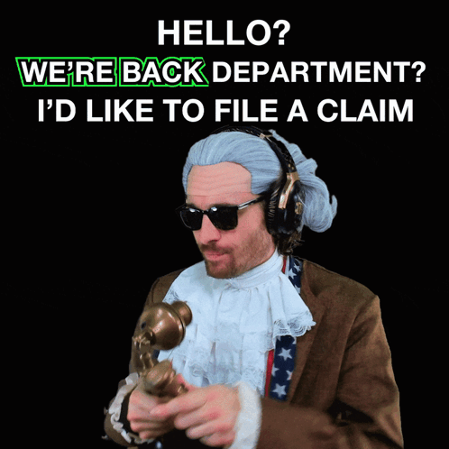 A Man In A Wig And Sunglasses Is Holding A Telephone And Says Hello We 'Re Back GIF