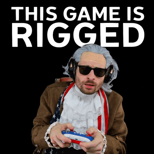 A Man In A Wig And Sunglasses Is Holding A Video Game Controller Under The Words This Game Is Rigged GIF