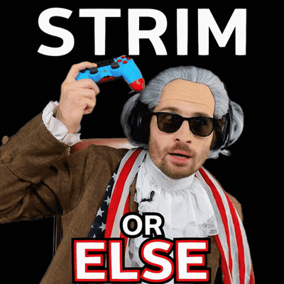 A Man In A Wig And Sunglasses Is Holding A Video Game Controller With The Words " Strim Or Else " Above Him GIF