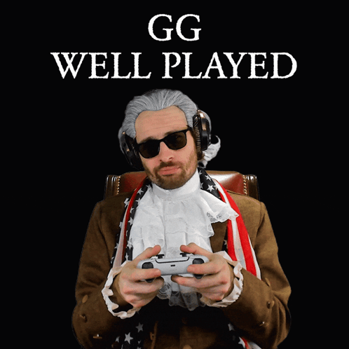 A Man In A Wig And Sunglasses Is Sitting In Front Of A Black Background That Says Gg Well Played GIF