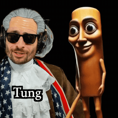 A Man In A Wig And Sunglasses Is Standing Next To A Wooden Stick With The Name Tung On It GIF