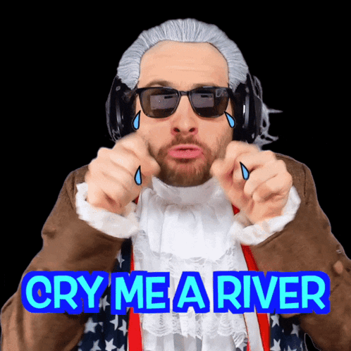 A Man In A Wig And Sunglasses Says " Cry Me A River " On A Black Background GIF