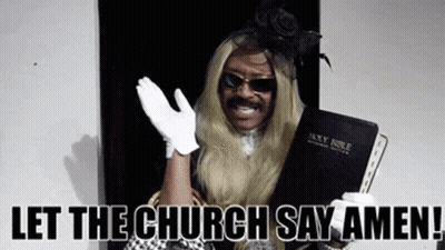 A Man In A Wig Is Holding A Bible And Saying " Let The Church Say Amen " GIF