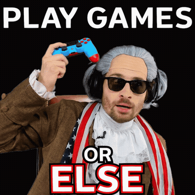 A Man In A Wig Is Holding A Video Game Controller And The Words Play Games Or Else Are Above Him GIF