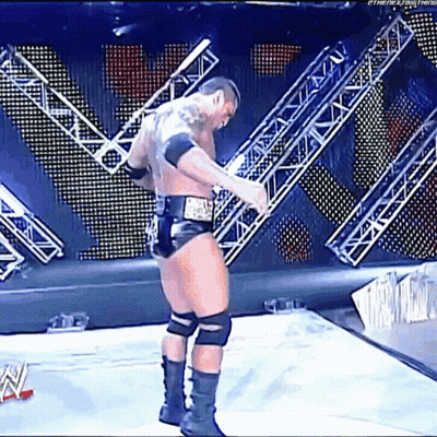 A Man In A Wrestling Outfit Is Standing On A Stage Holding A Bat . GIF