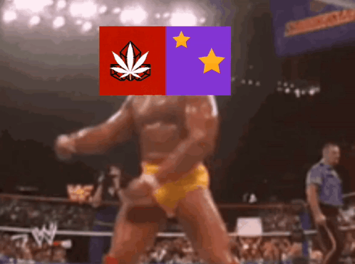 A Man In A Wrestling Ring With A Marijuana Leaf And Two Stars On His Chest GIF