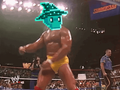A Man In A Wrestling Ring With A Pixelated Wizard On His Head GIF