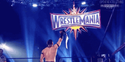A Man In A Wrestling Ring With A Wrestlemania Logo Behind Him GIF