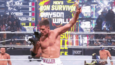 A Man In A Wrestling Ring With The Words Ron Survivor On The Screen Behind Him GIF