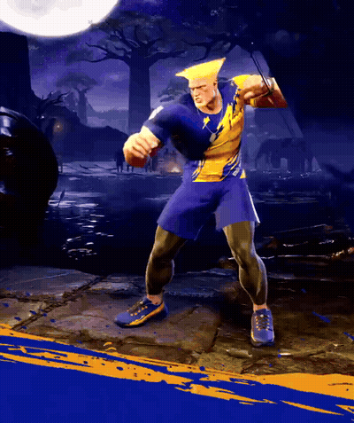 A Man In A Yellow And Blue Costume Is Standing On A Sidewalk In Front Of A Full Moon GIF