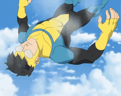 A Man In A Yellow And Blue Superhero Suit Is Falling Through The Air GIF