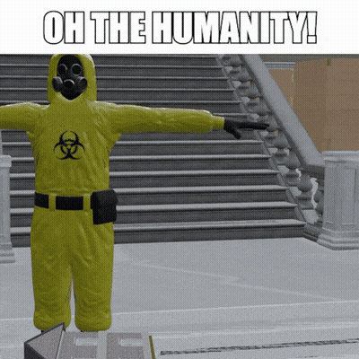 A Man In A Yellow Biohazard Suit Is Standing In Front Of A Set Of Stairs GIF