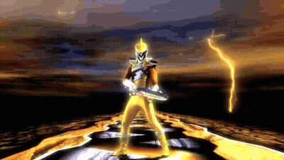 A Man In A Yellow Costume Is Holding A Sword In Front Of A Storm GIF