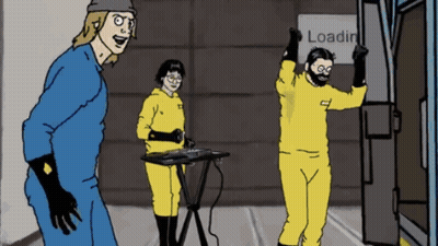 A Man In A Yellow Hazmat Suit Is Standing In Front Of A Sign That Says Loading GIF