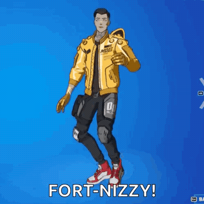A Man In A Yellow Jacket And Black Pants Is Standing In Front Of A Blue Background And Waving . GIF