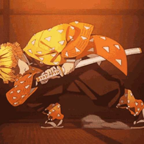 A Man In A Yellow Jacket Is Holding A Samurai Sword . GIF
