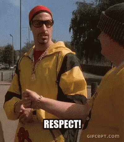 A Man In A Yellow Jacket Is Shaking Hands With Another Man And The Words Respect Are On The Bottom GIF