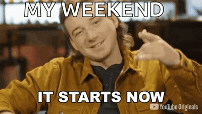 A Man In A Yellow Jacket Is Smiling And Says My Weekend It Starts Now . GIF