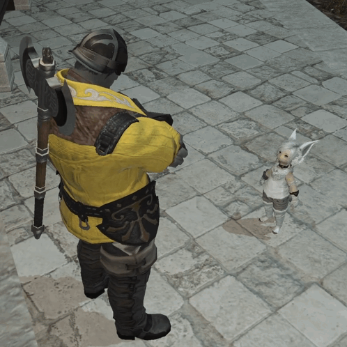 A Man In A Yellow Jacket Is Standing Next To A Little Girl In A White Outfit GIF