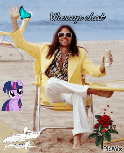 A Man In A Yellow Jacket Sits On A Beach Chair Holding A Can Of Beer GIF