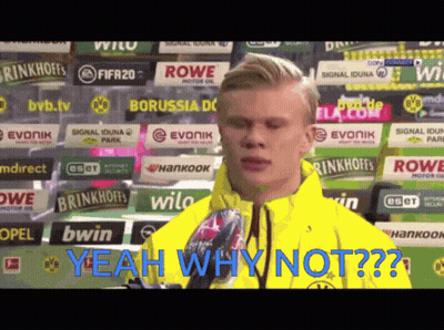 A Man In A Yellow Jacket With The Words Yeah Why Not Written On The Bottom GIF