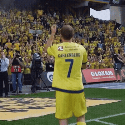 A Man In A Yellow Kahlenberg Jersey Stands On A Field GIF