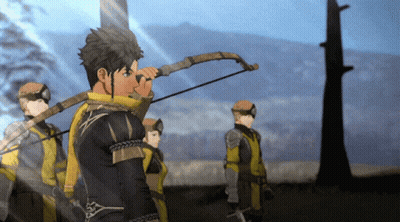 A Man In A Yellow Scarf Is Holding A Bow And Arrow In His Hand GIF