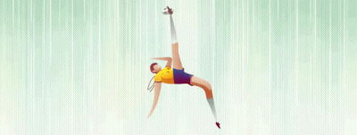 A Man In A Yellow Shirt And Blue Shorts Is Jumping In The Air GIF