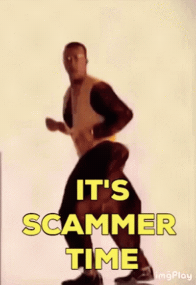 A Man In A Yellow Shirt Is Dancing With The Words It 'S Scammer Time Below Him GIF