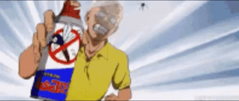 A Man In A Yellow Shirt Is Holding A Can Of Mosquito Spray In His Hand . GIF
