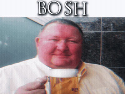 A Man In A Yellow Shirt Is Holding A Cup Of Coffee With The Word Bosh Written Above Him GIF