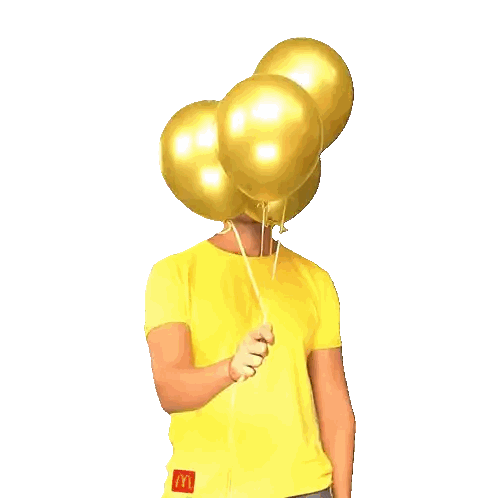 A Man In A Yellow Shirt Is Holding Gold Balloons In Front Of Two Mcdonalds Happy Meals Sticker