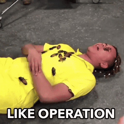 A Man In A Yellow Shirt Is Laying On The Ground With Cockroaches On His Shirt And The Words Like Operation Below Him . GIF