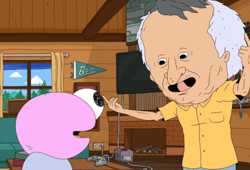 A Man In A Yellow Shirt Is Pointing At Another Man 'S Head In Front Of A Sign That Says Boss GIF